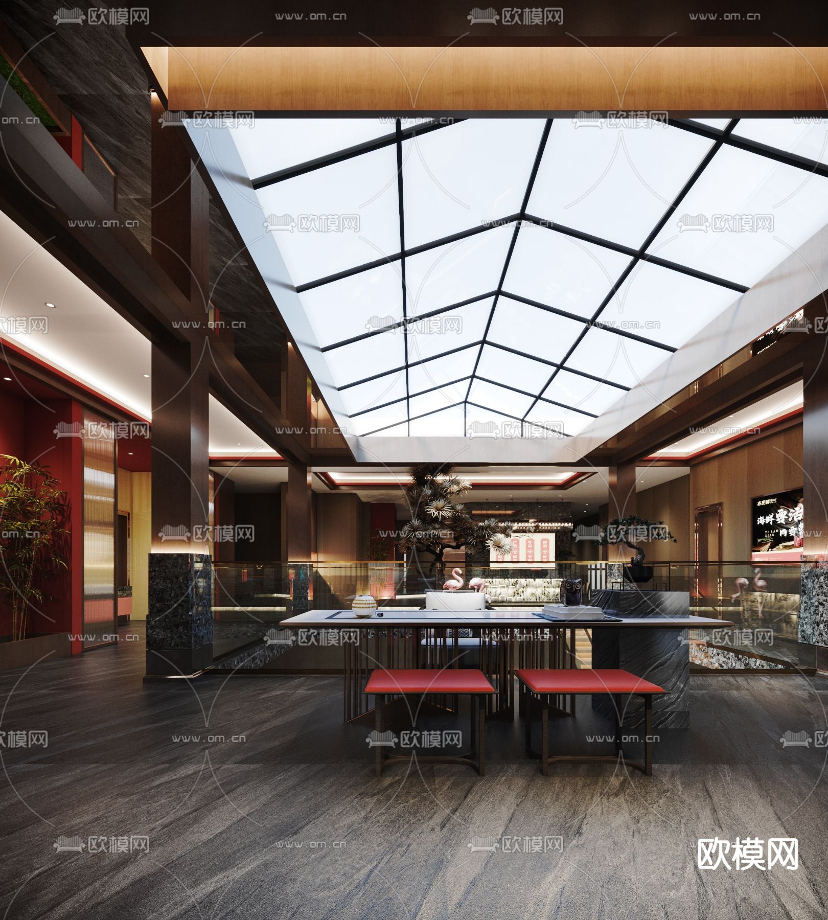 新中式酒楼餐厅中庭3d模型下载（渲染图1）