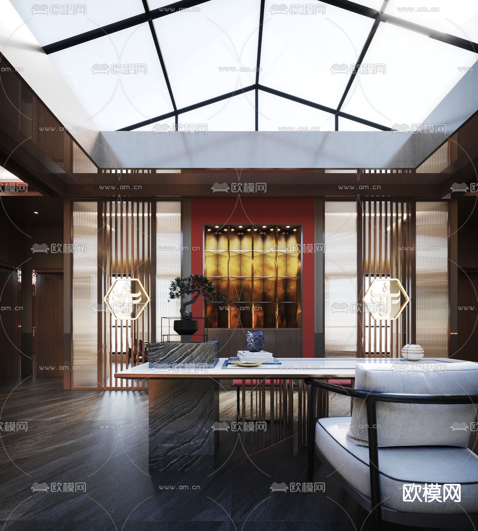 新中式酒楼餐厅中庭3d模型下载（渲染图2）