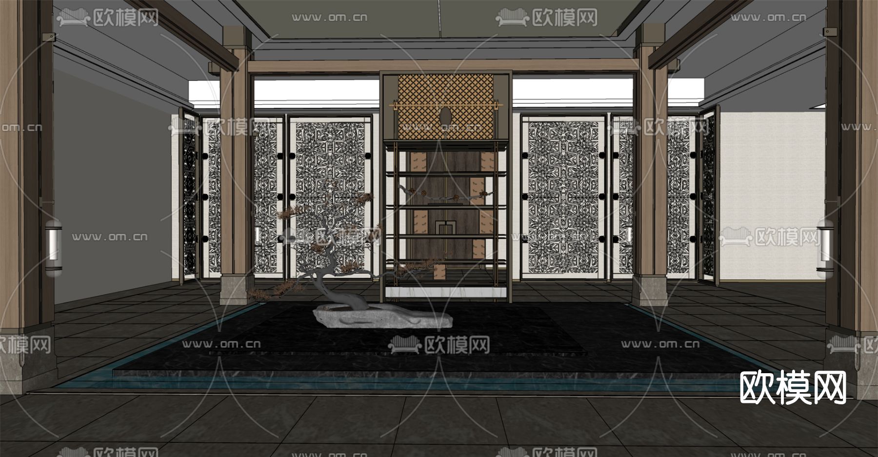 新中式酒店中庭su模型下载（渲染图2）