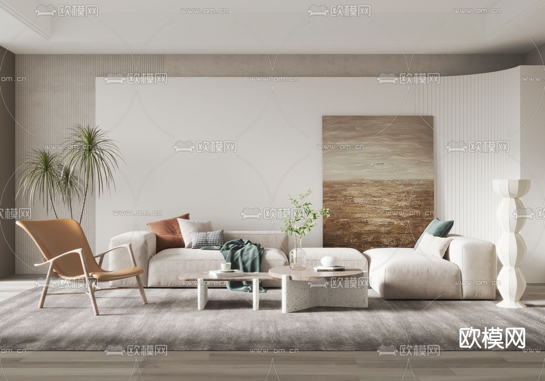 侘寂风布艺沙发组合su模型下载（渲染图1）