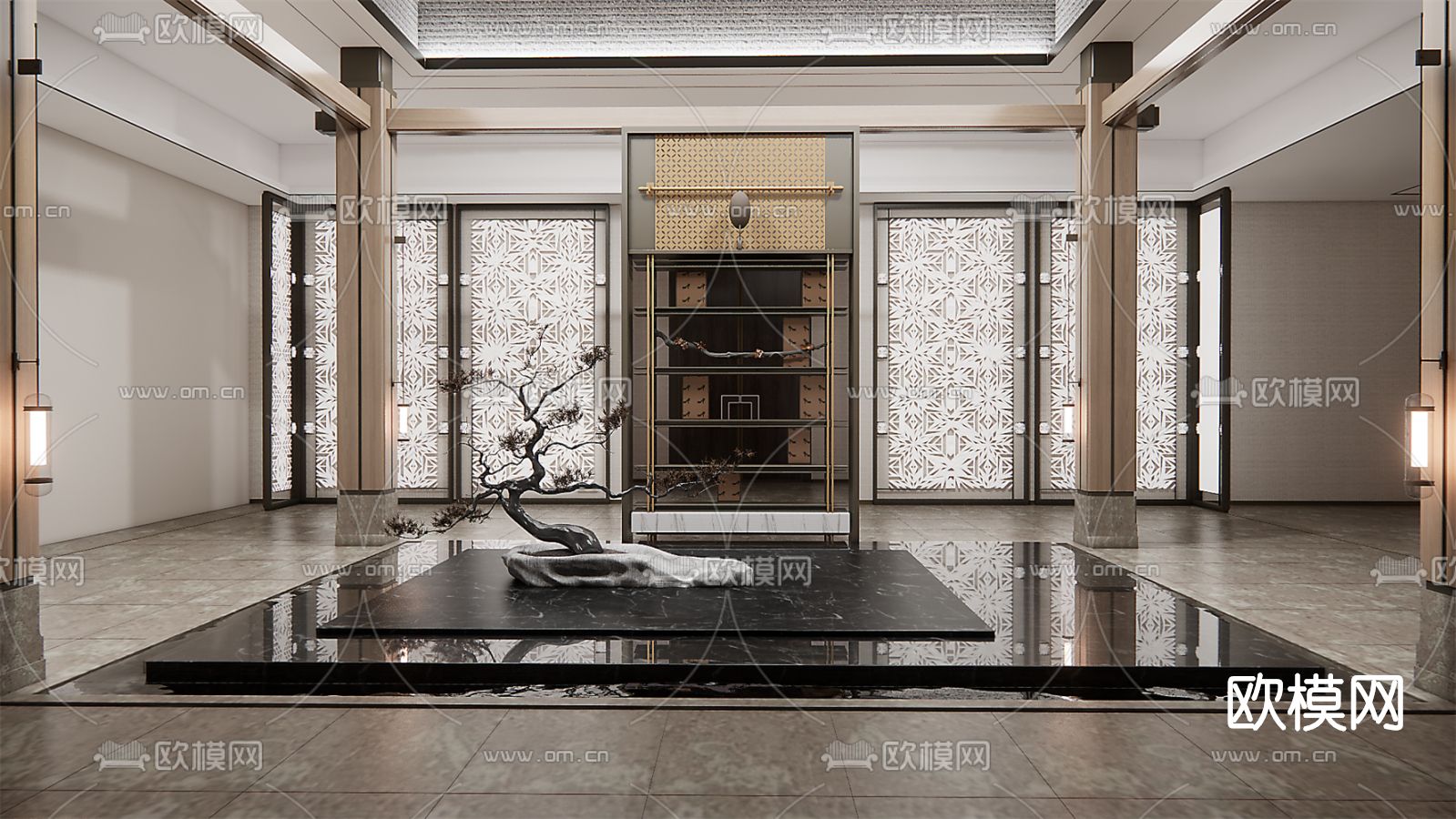 新中式酒店中庭su模型下载（渲染图1）