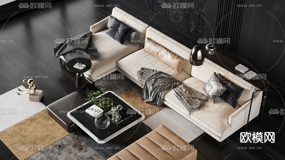 现代皮革转角沙发组合3d模型下载(渲染图3)