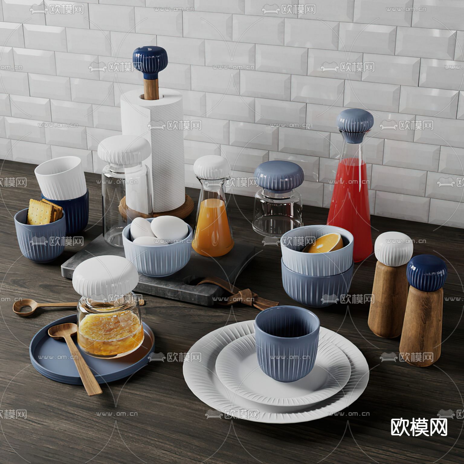 现代饼干蜂蜜餐具3d模型