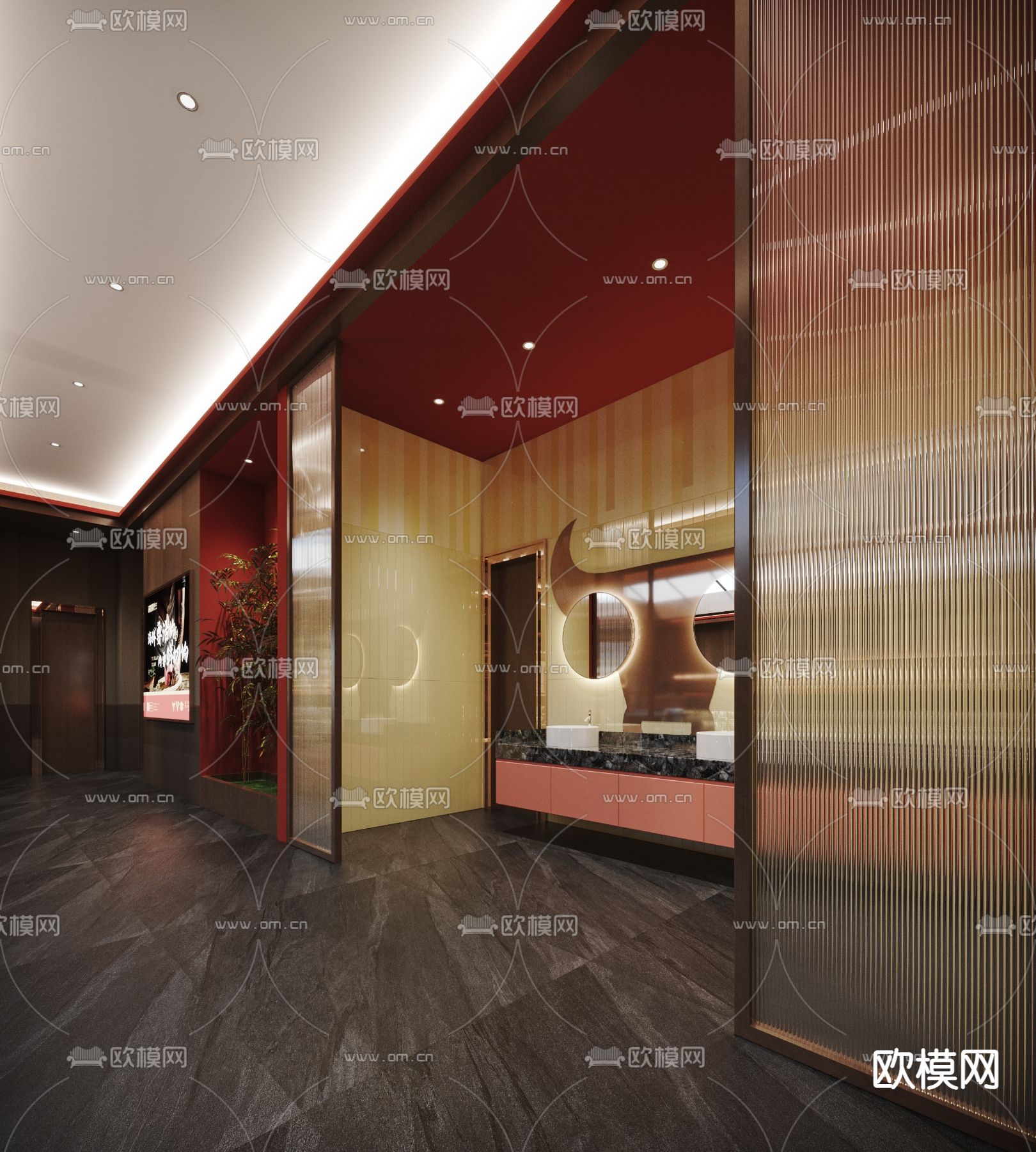 新中式酒楼餐厅中庭3d模型下载（渲染图4）