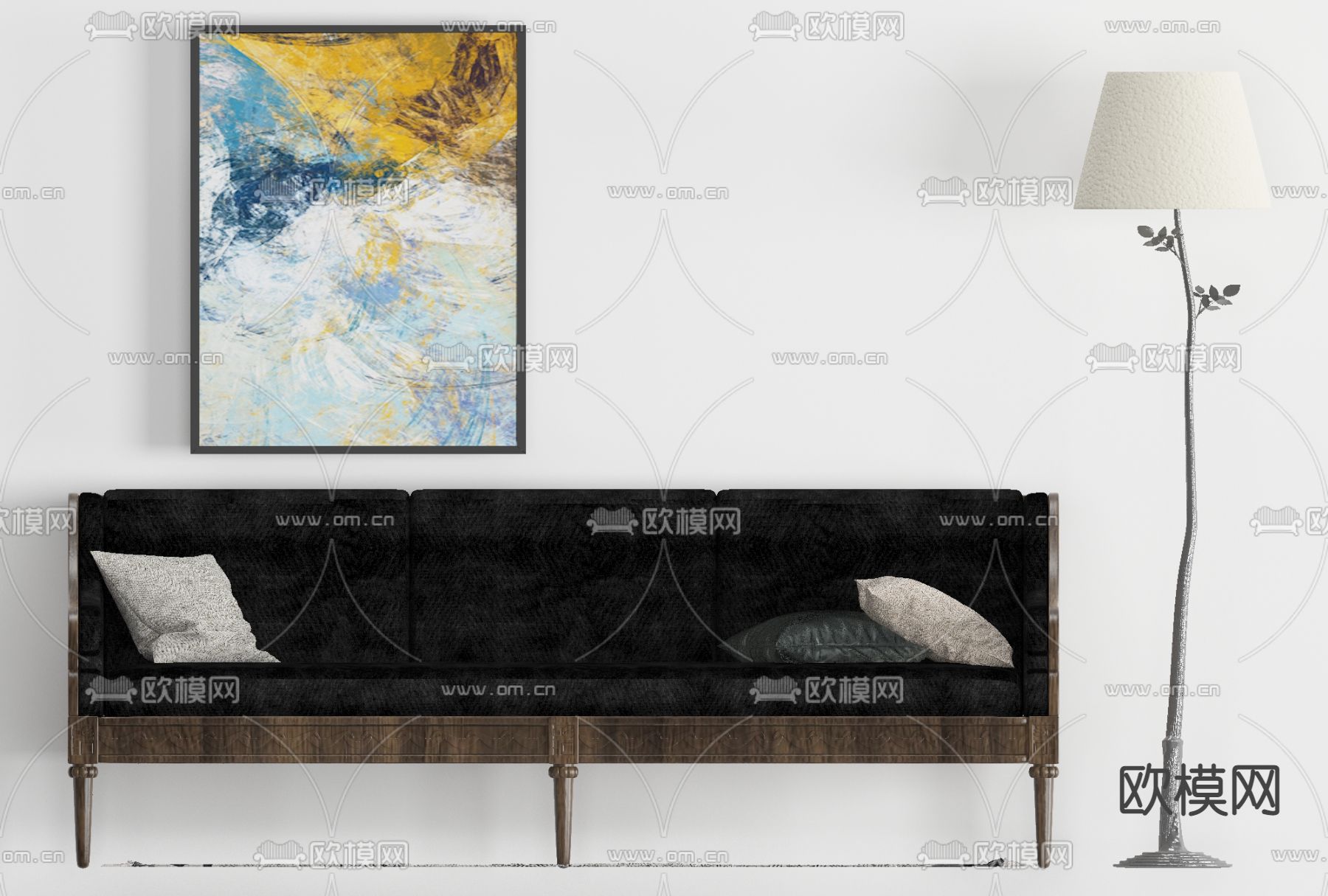 美式黑色布艺多人沙发免费3d模型下载