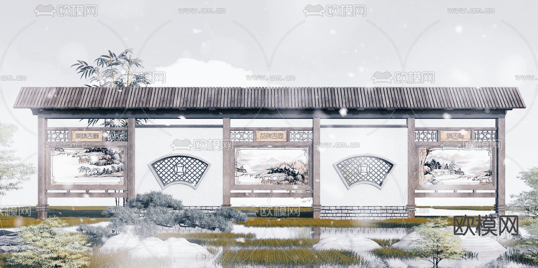 中式园林景观墙3d模型