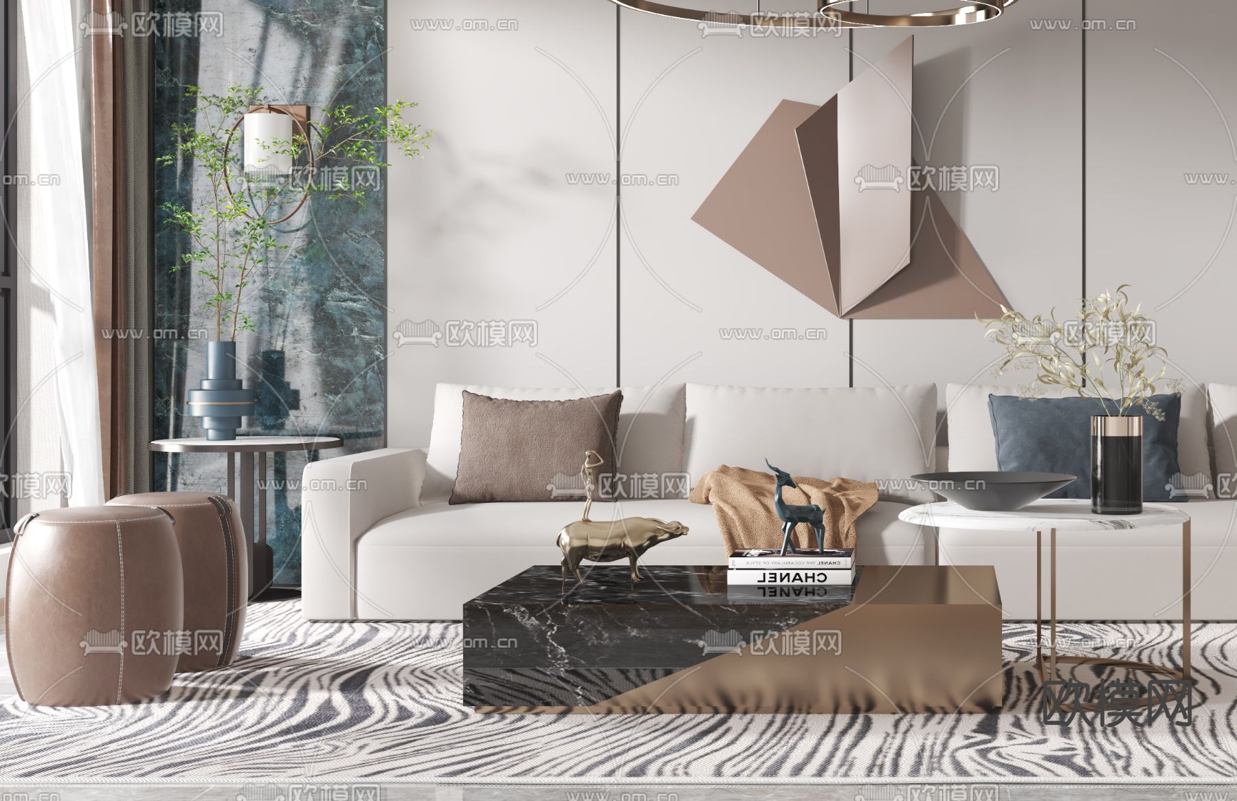 现代布艺转角沙发组合3d模型下载（渲染图3）