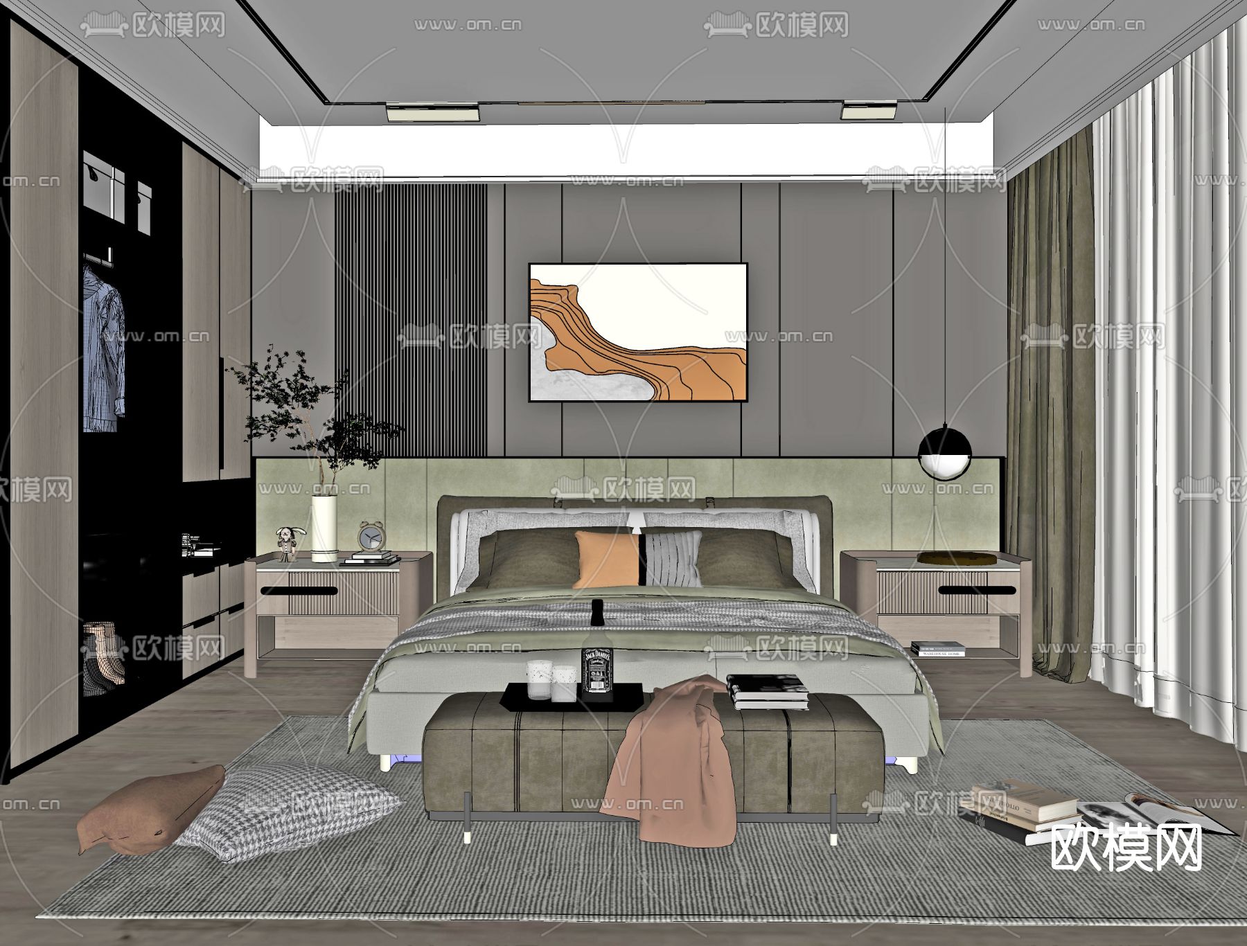现代卧室主人房su模型下载（渲染图2）