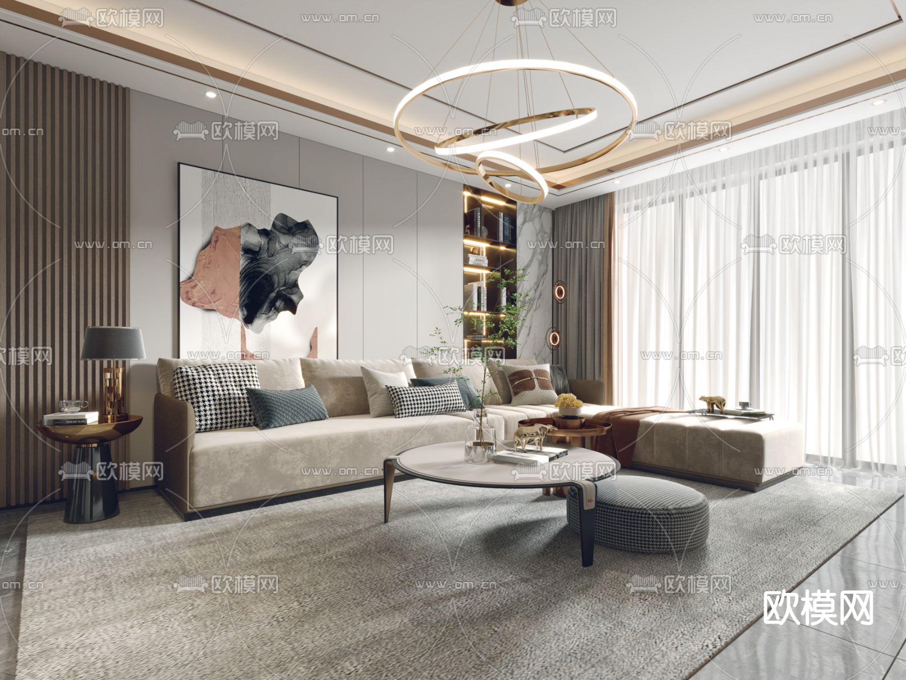 现代轻奢客厅餐厅3d模型下载（渲染图3）
