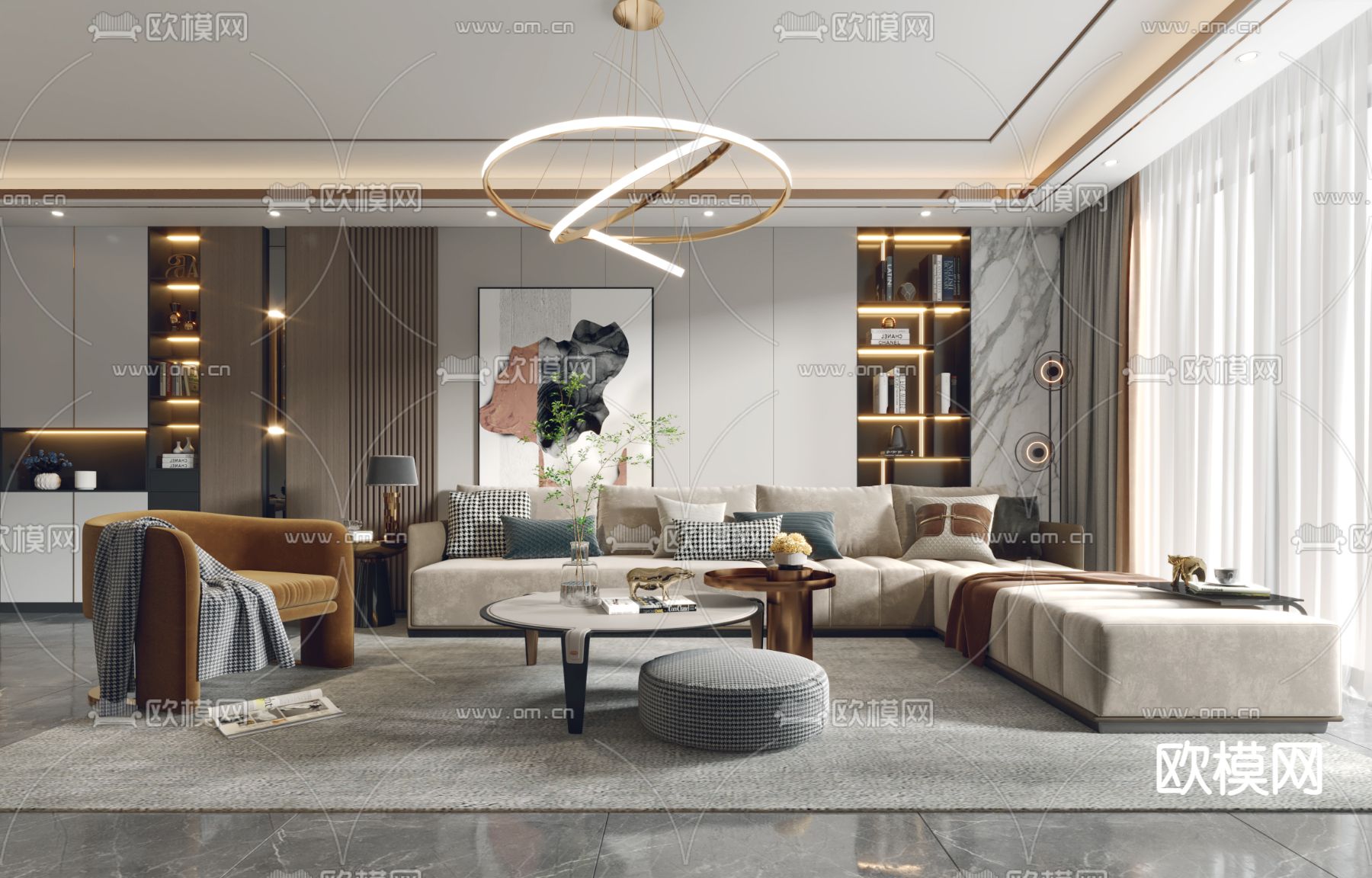 现代轻奢客厅餐厅3d模型下载（渲染图1）