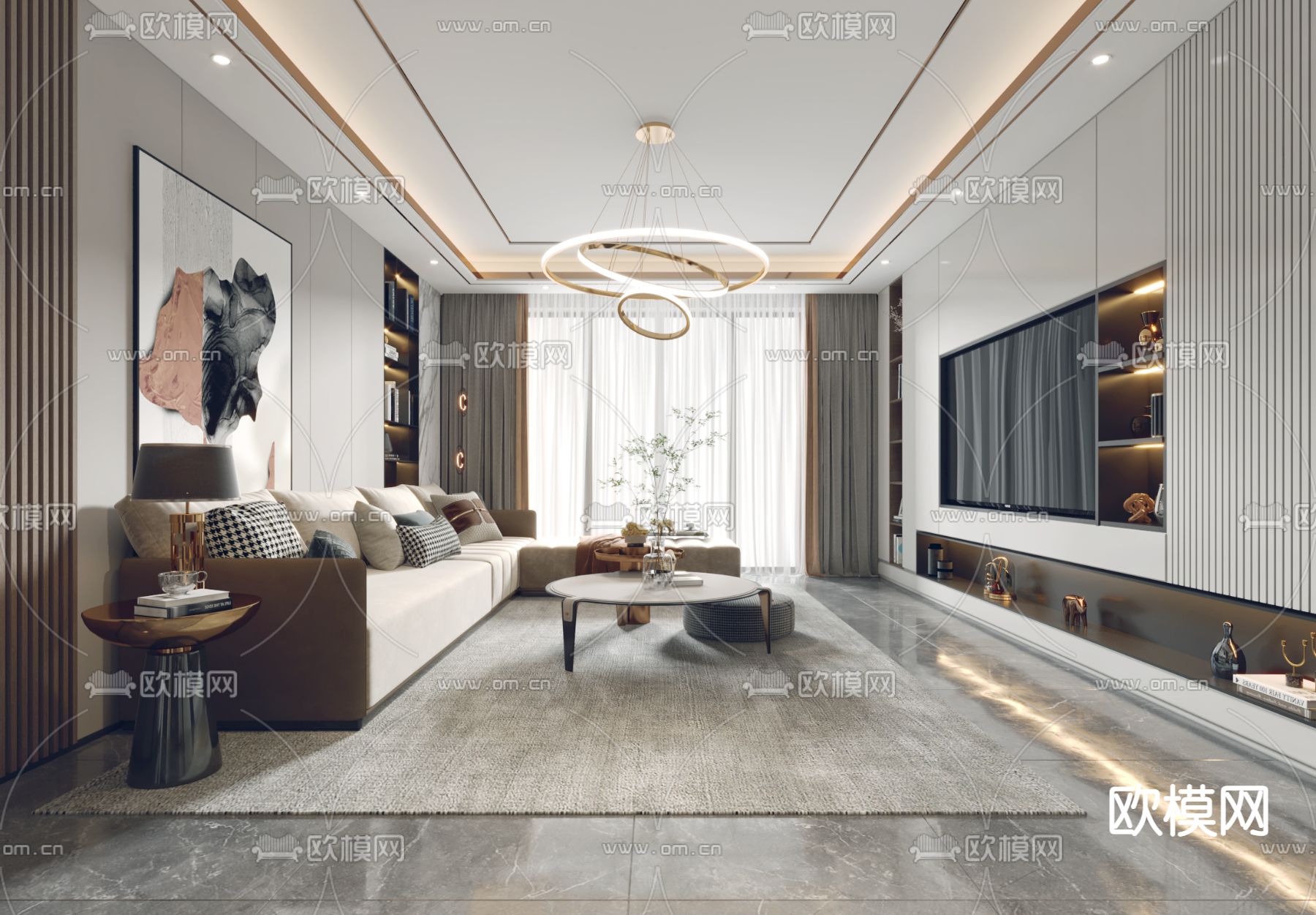 现代轻奢客厅餐厅3d模型下载（渲染图2）