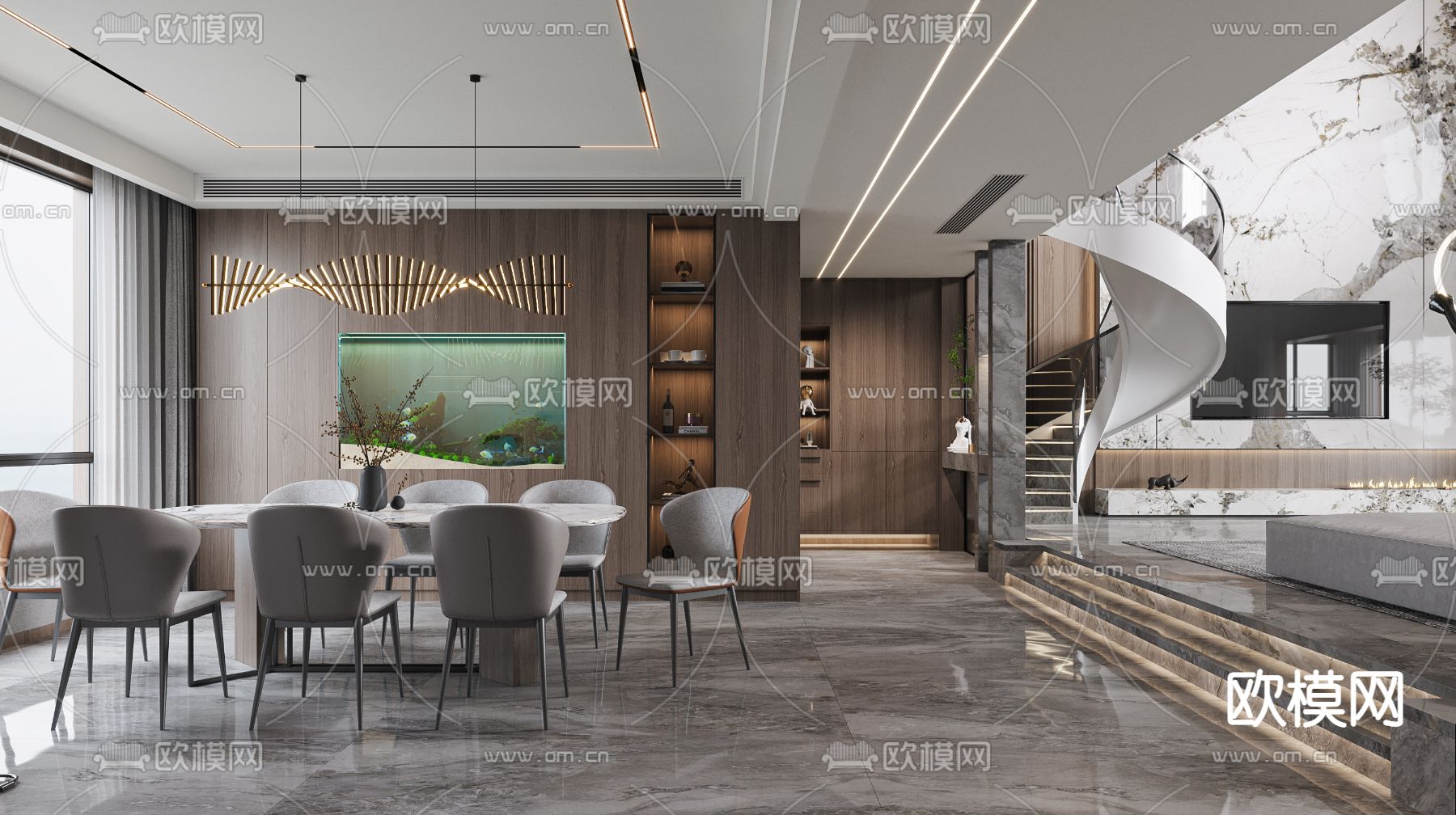 现代别墅客厅餐厅3d模型