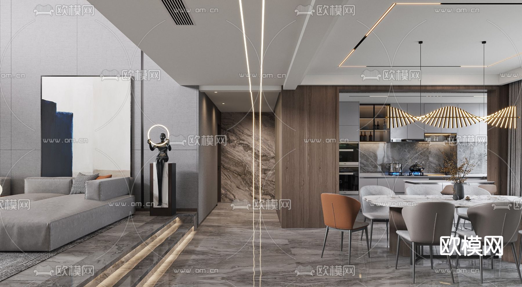 现代别墅客厅餐厅3d模型
