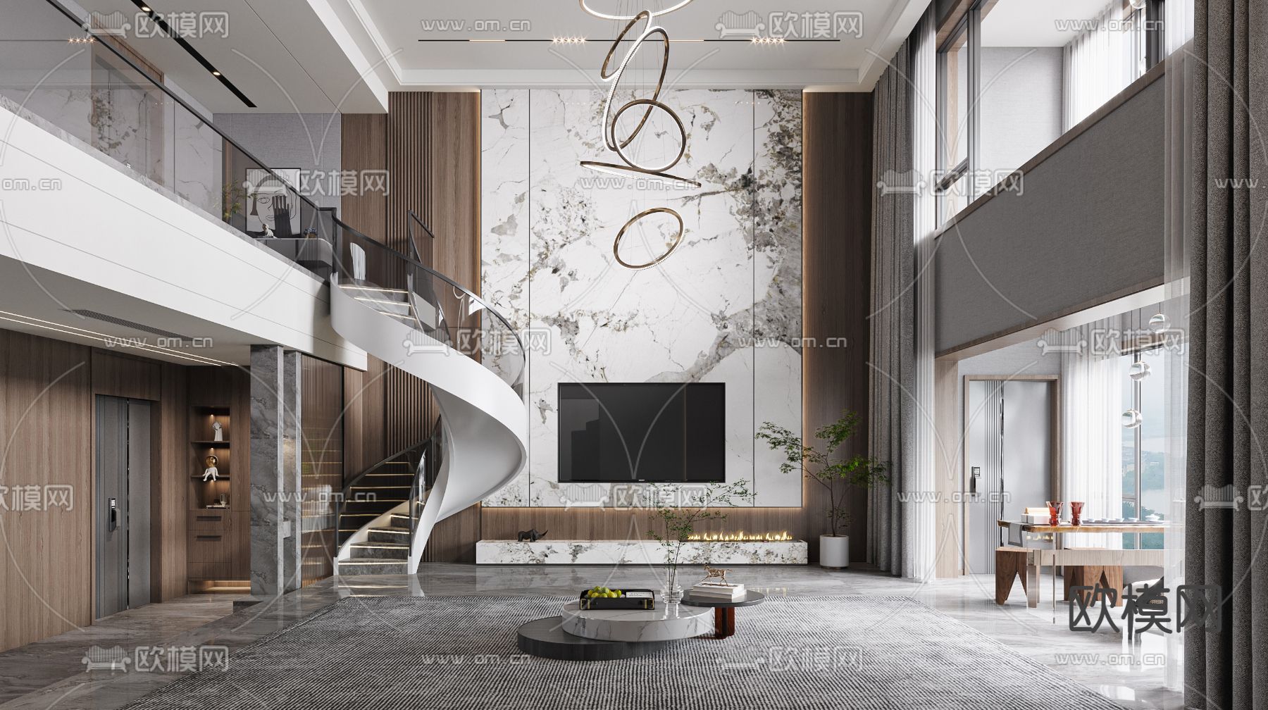 现代别墅客厅餐厅3d模型