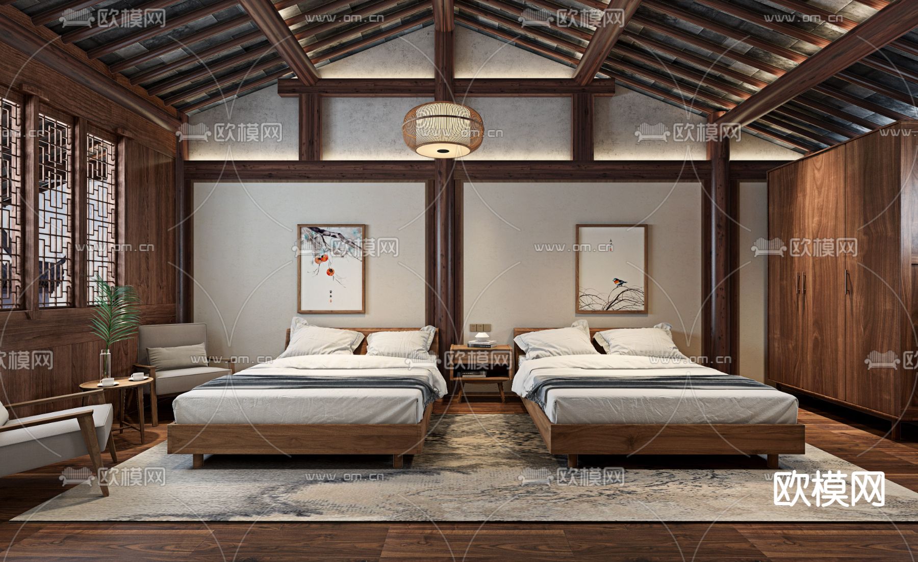 中式民宿双床客房3d模型下载