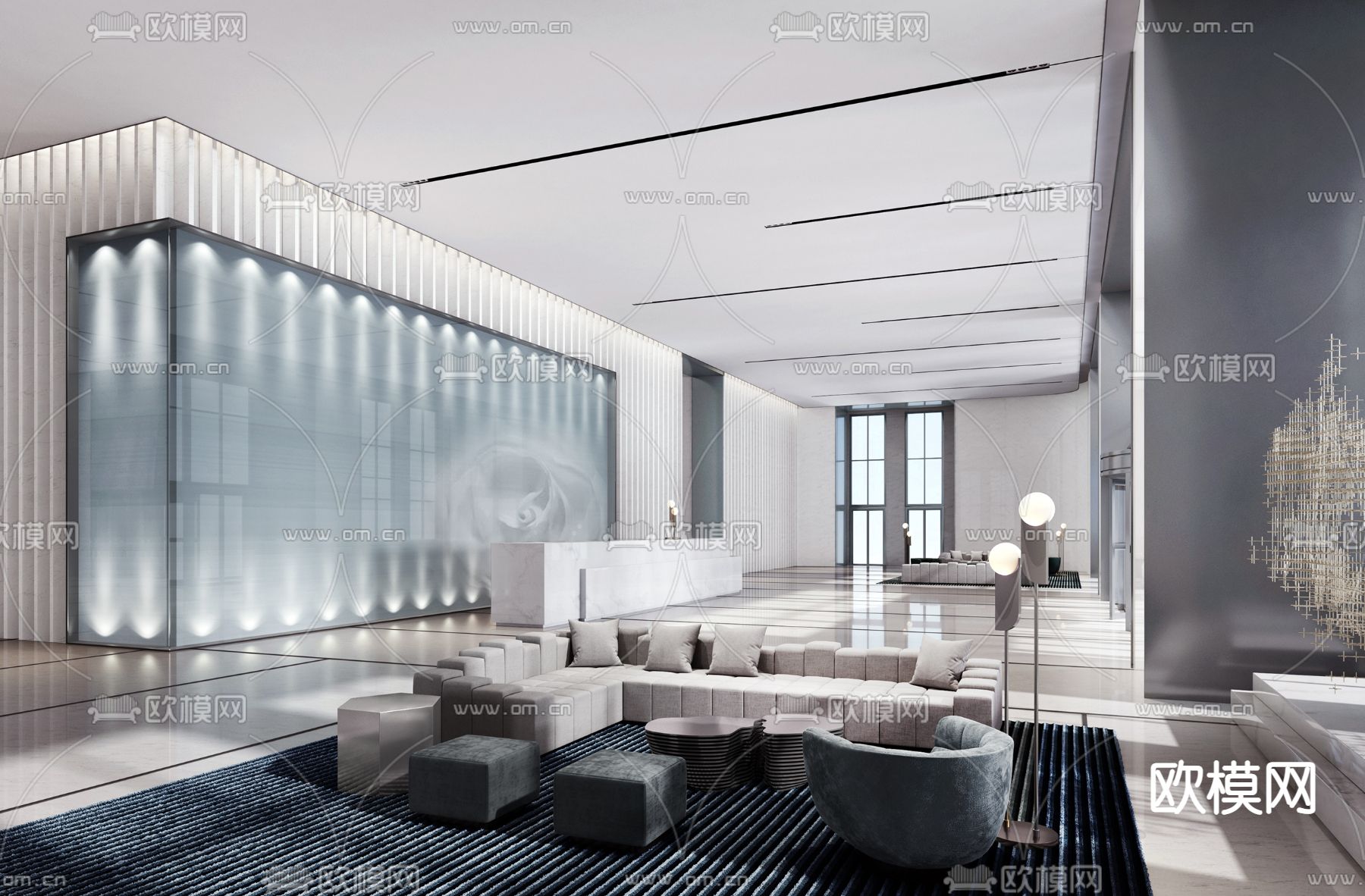 现代办公楼前台大厅3d模型下载（渲染图1）
