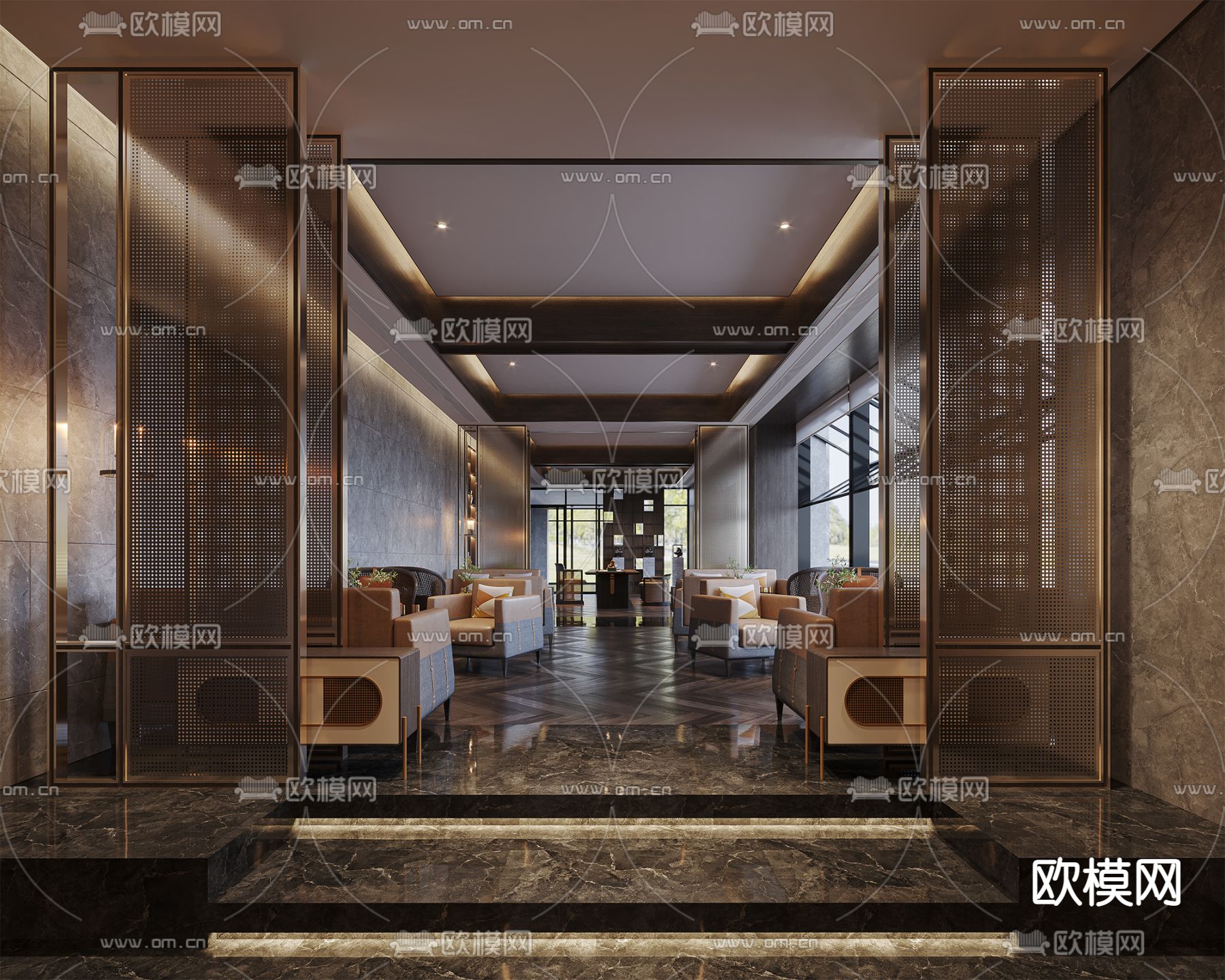 新中式酒店会客室3d模型下载（渲染图2）