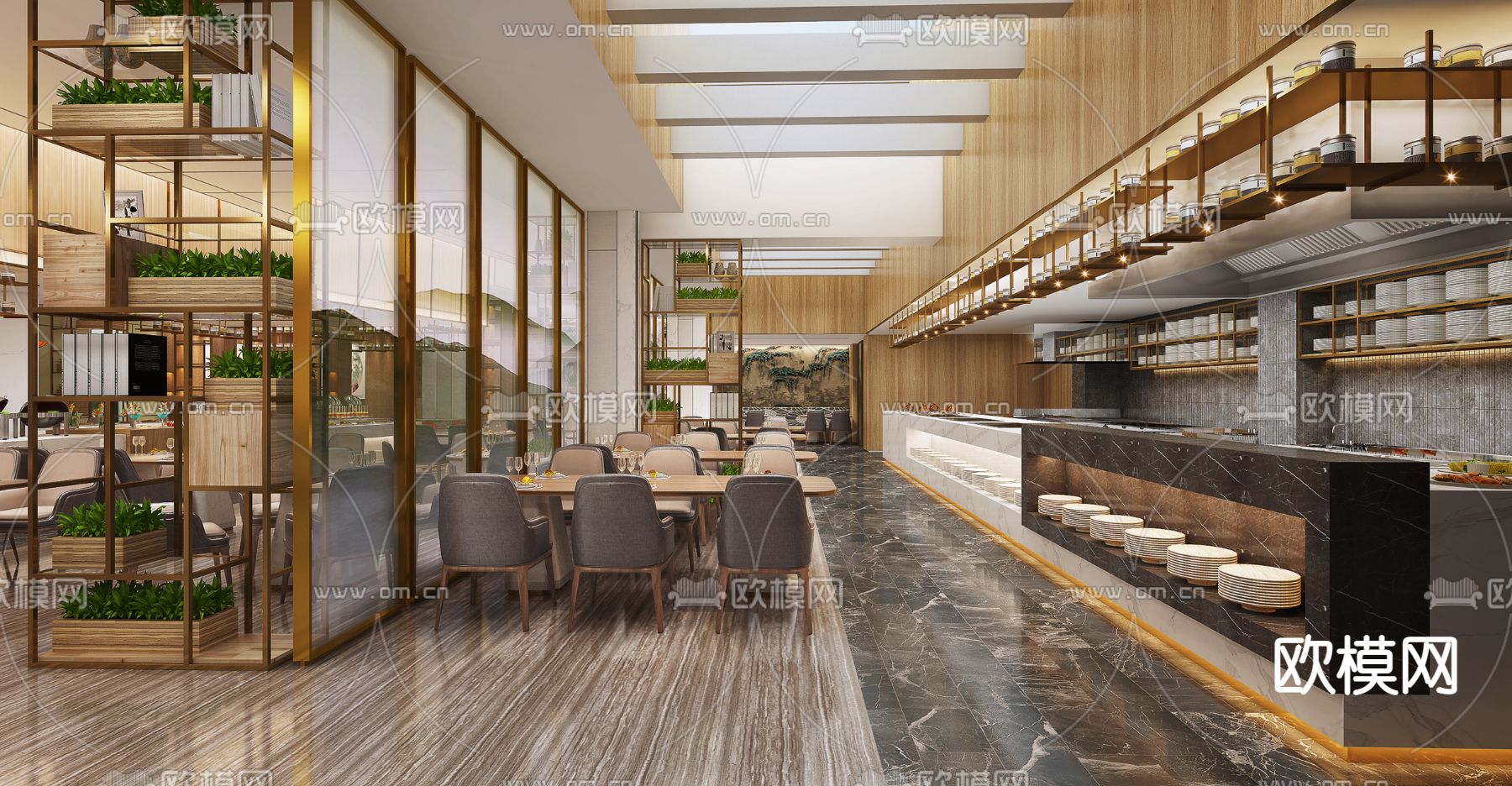 现代酒店自助餐厅3d模型下载（渲染图1）