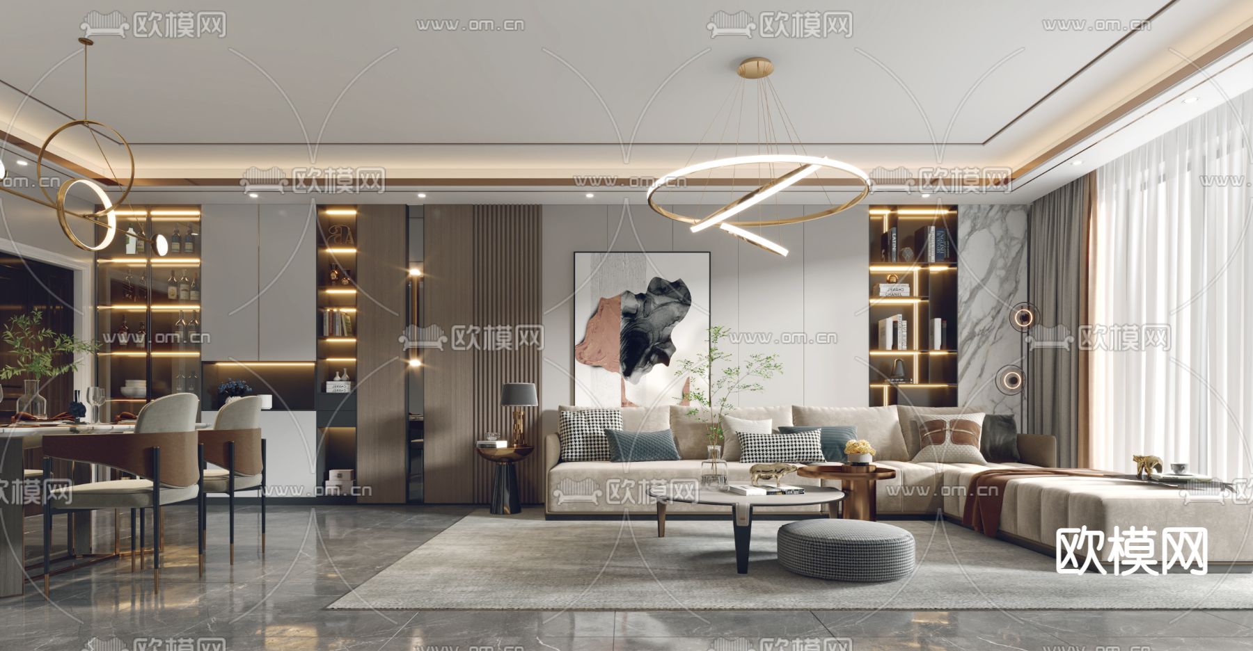 现代轻奢客厅餐厅3d模型下载（渲染图4）