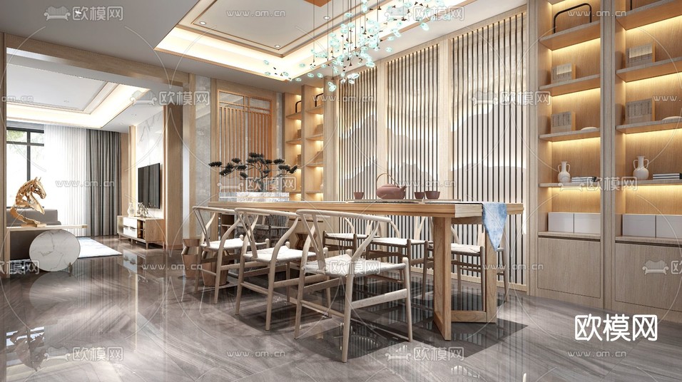 新中式客餐厅免费3d模型下载_ID11572019_3dmax免费模型-欧模网