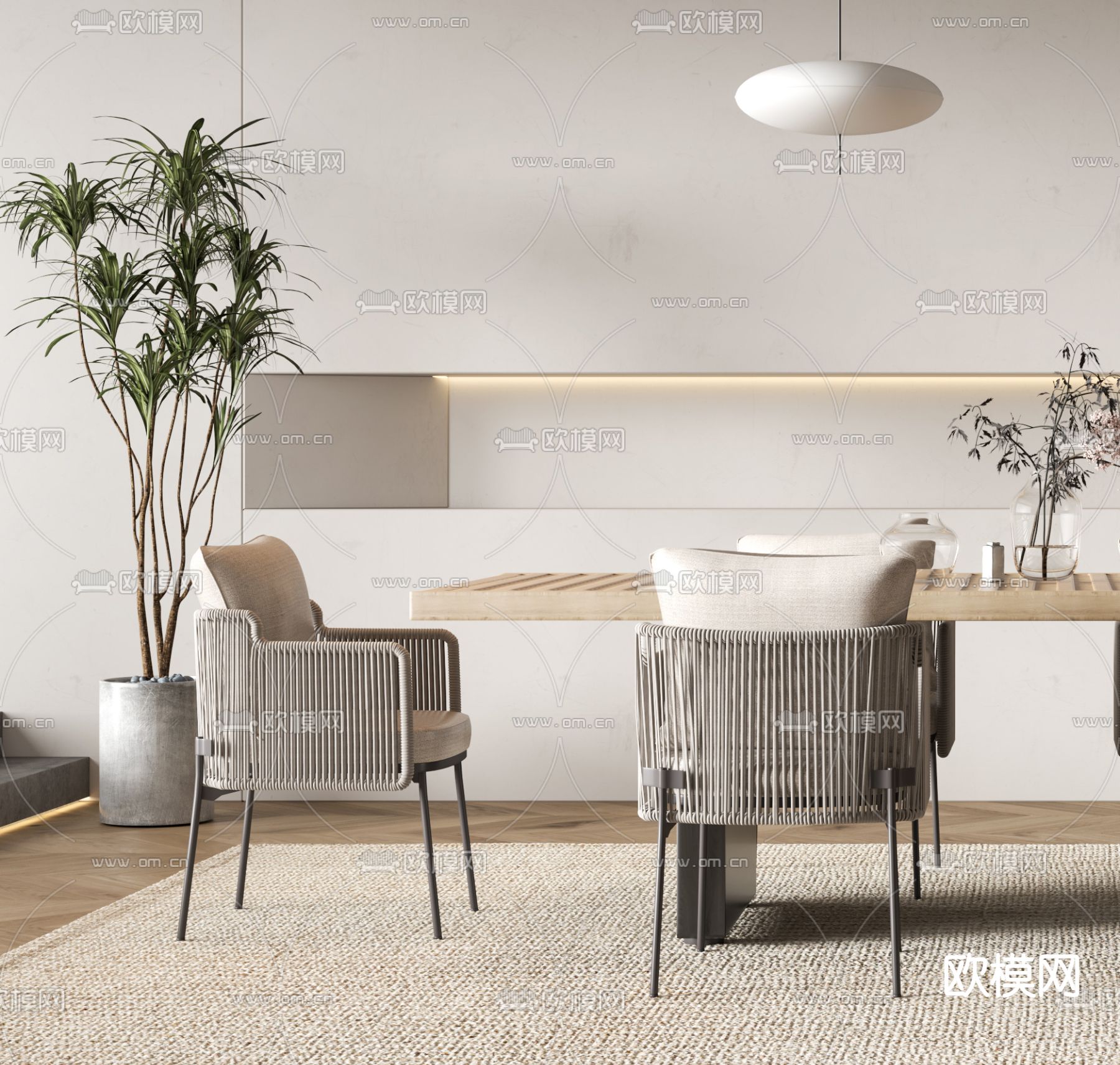 侘寂实木餐桌椅3d模型下载（渲染图2）