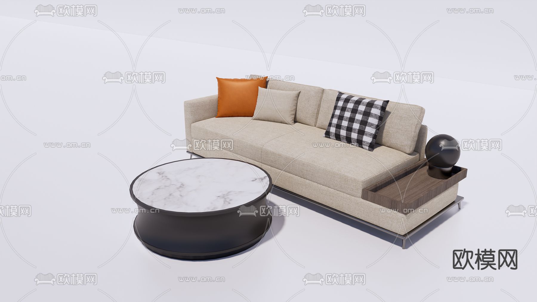 现代布艺沙发茶几组合su模型下载（渲染图1）
