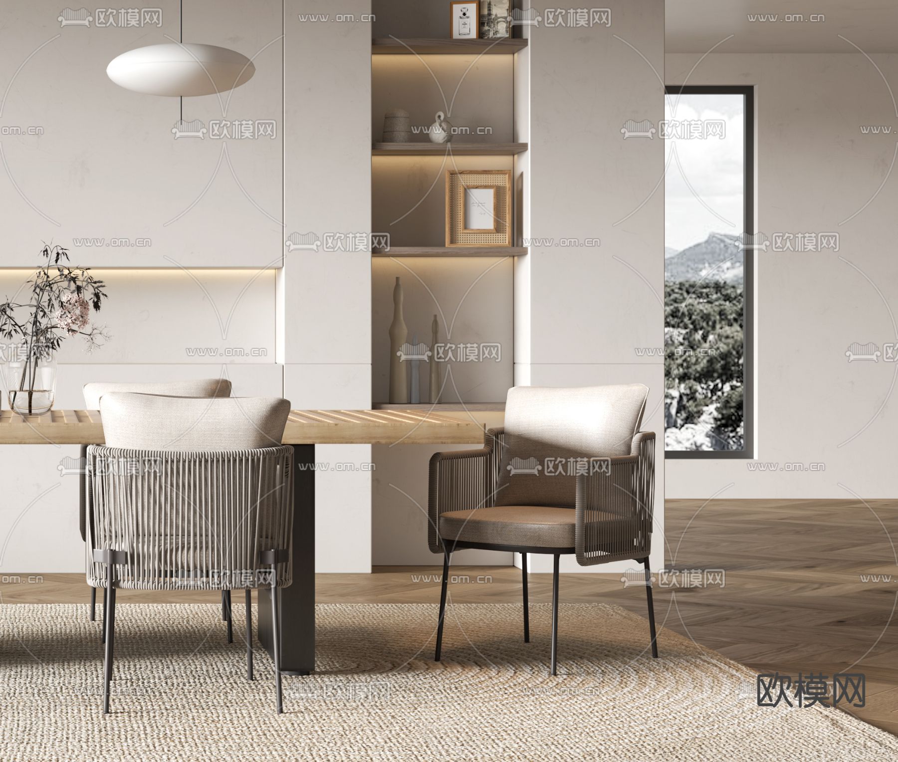 侘寂实木餐桌椅3d模型下载（渲染图3）