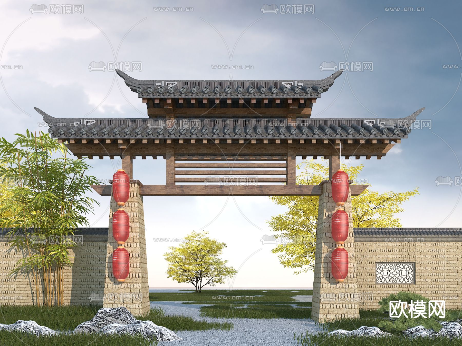 中式庭院牌坊大门3d模型