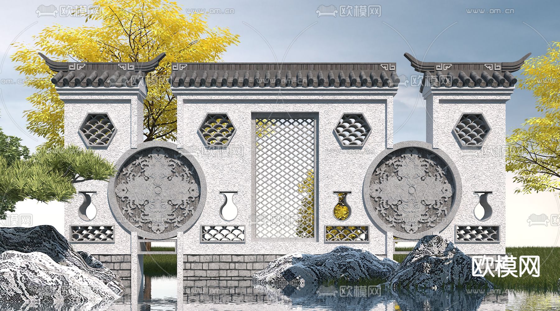 中式园林景观墙3d模型下载