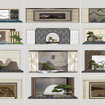  新中式景墙小品su模型 