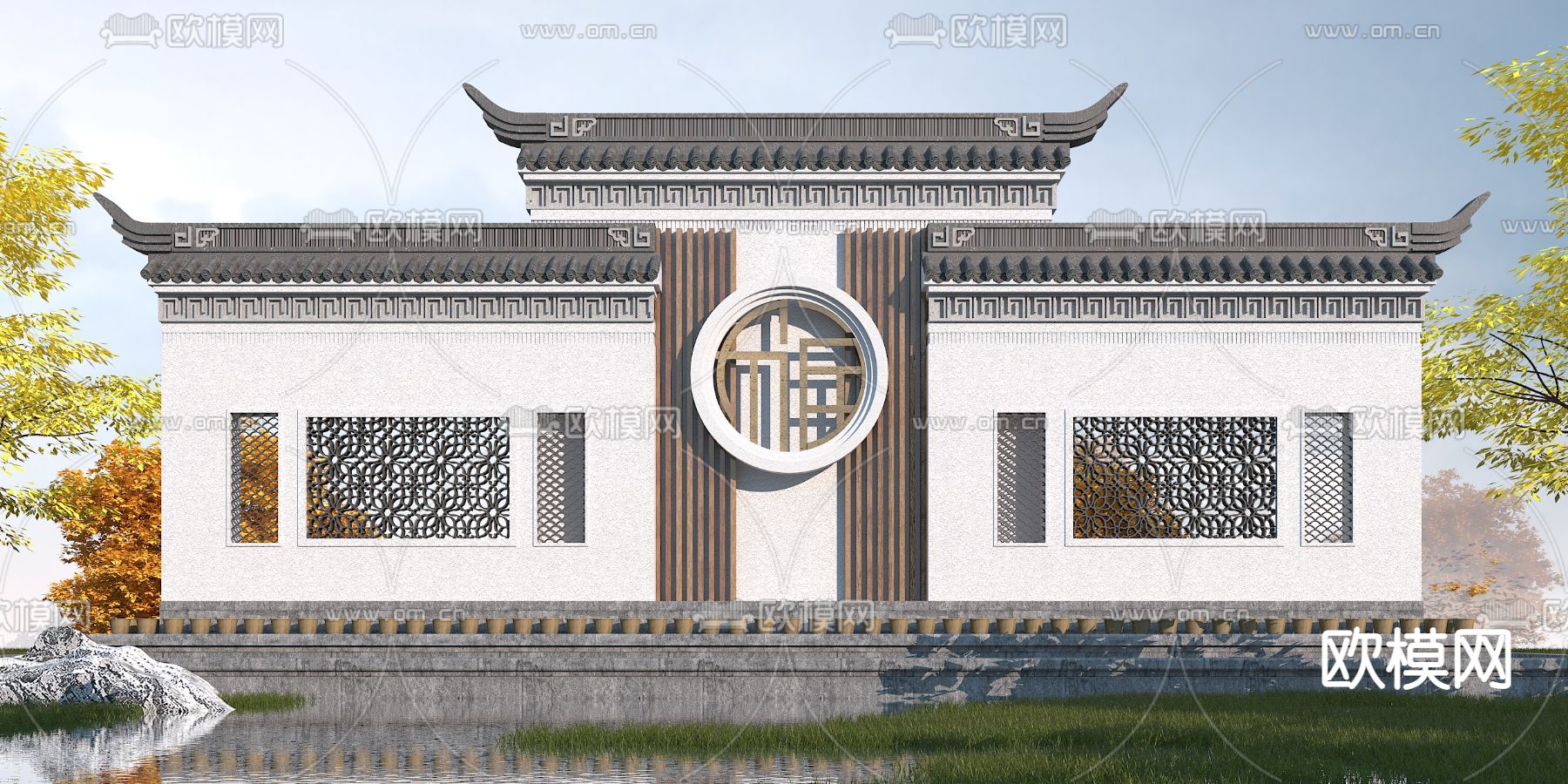 中式园林景观墙3d模型
