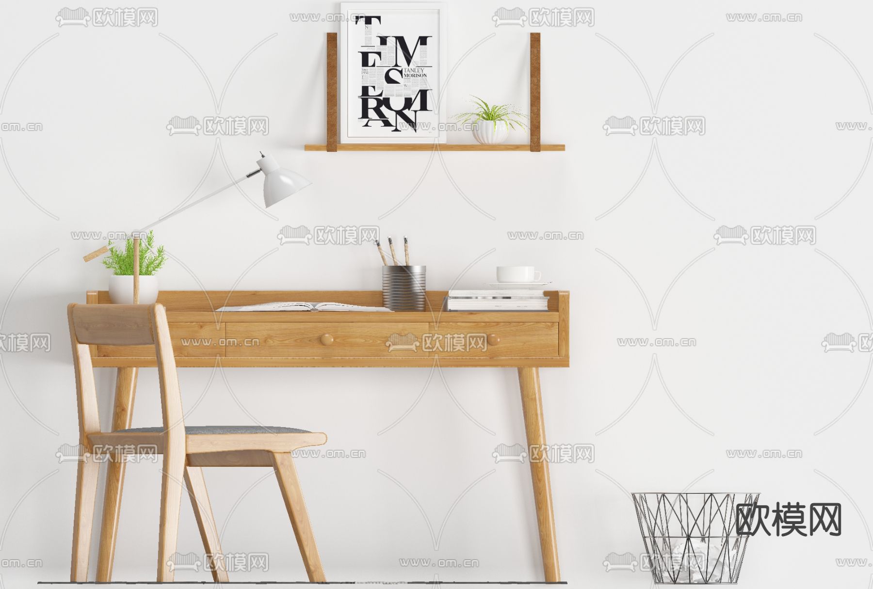 北欧原木书桌免费3d模型下载