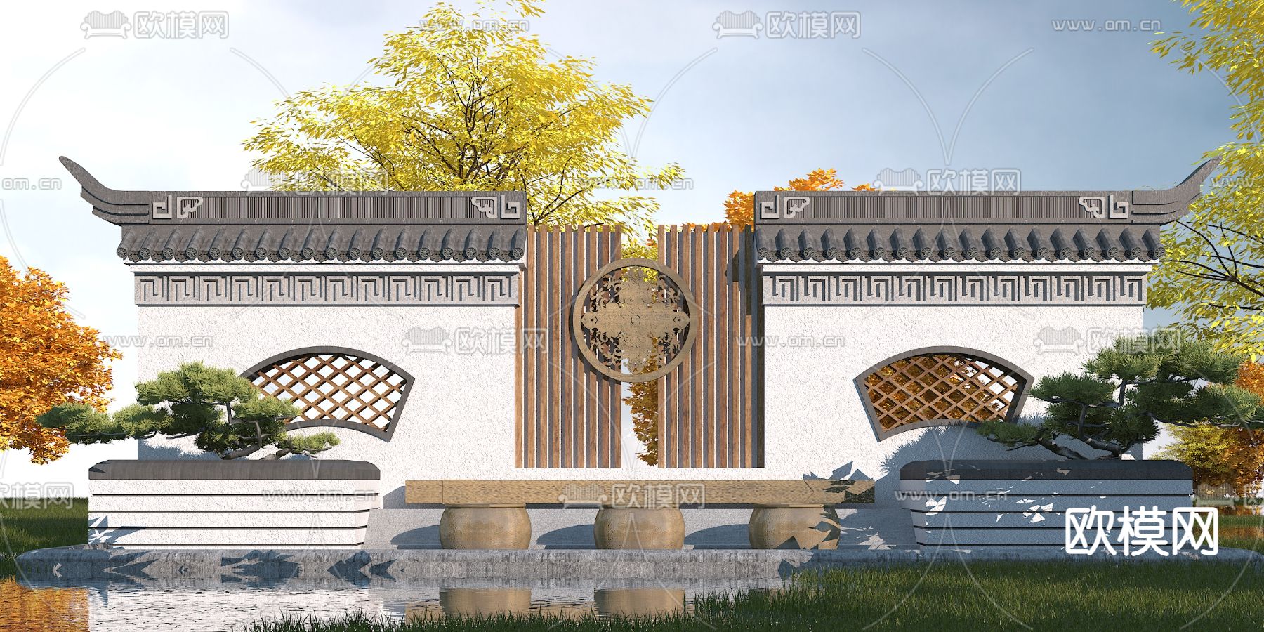 中式园林景观墙3d模型