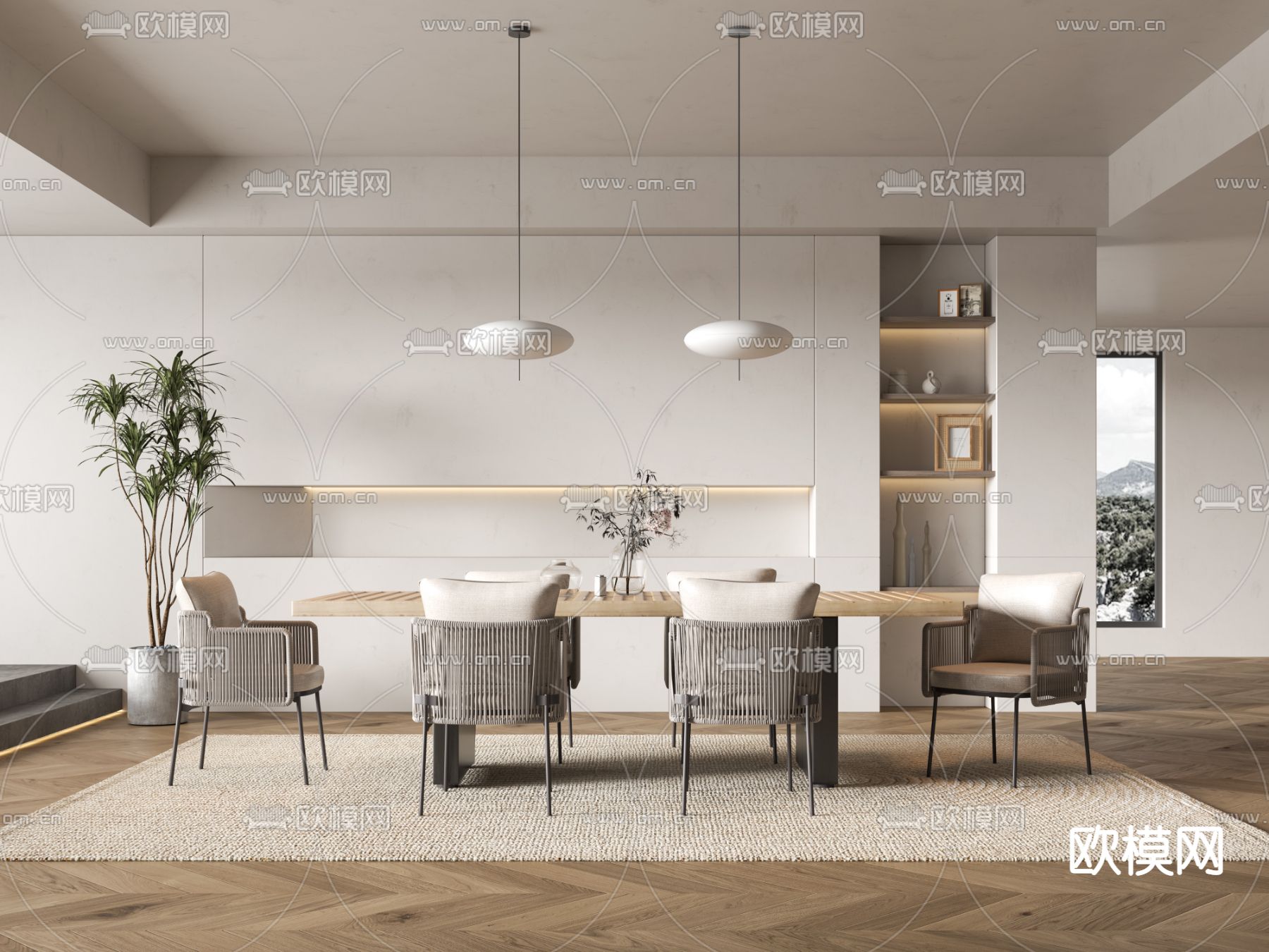 侘寂实木餐桌椅3d模型下载（渲染图1）