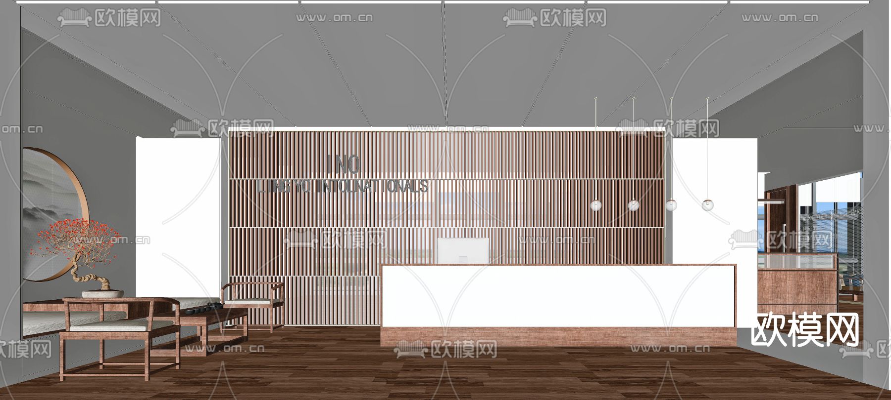 新中式大堂前台su模型下载（渲染图2）
