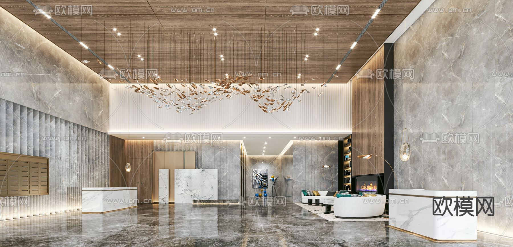 现代办公楼前台大堂3d模型下载