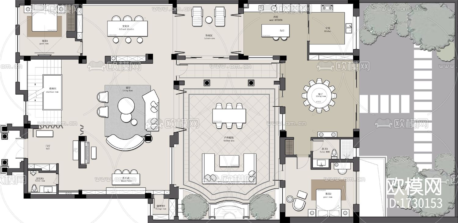 现代别墅cad施工图下载（渲染图3）