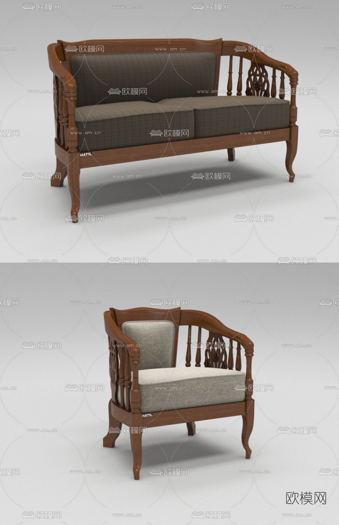 新中式双人沙发免费3d模型下载