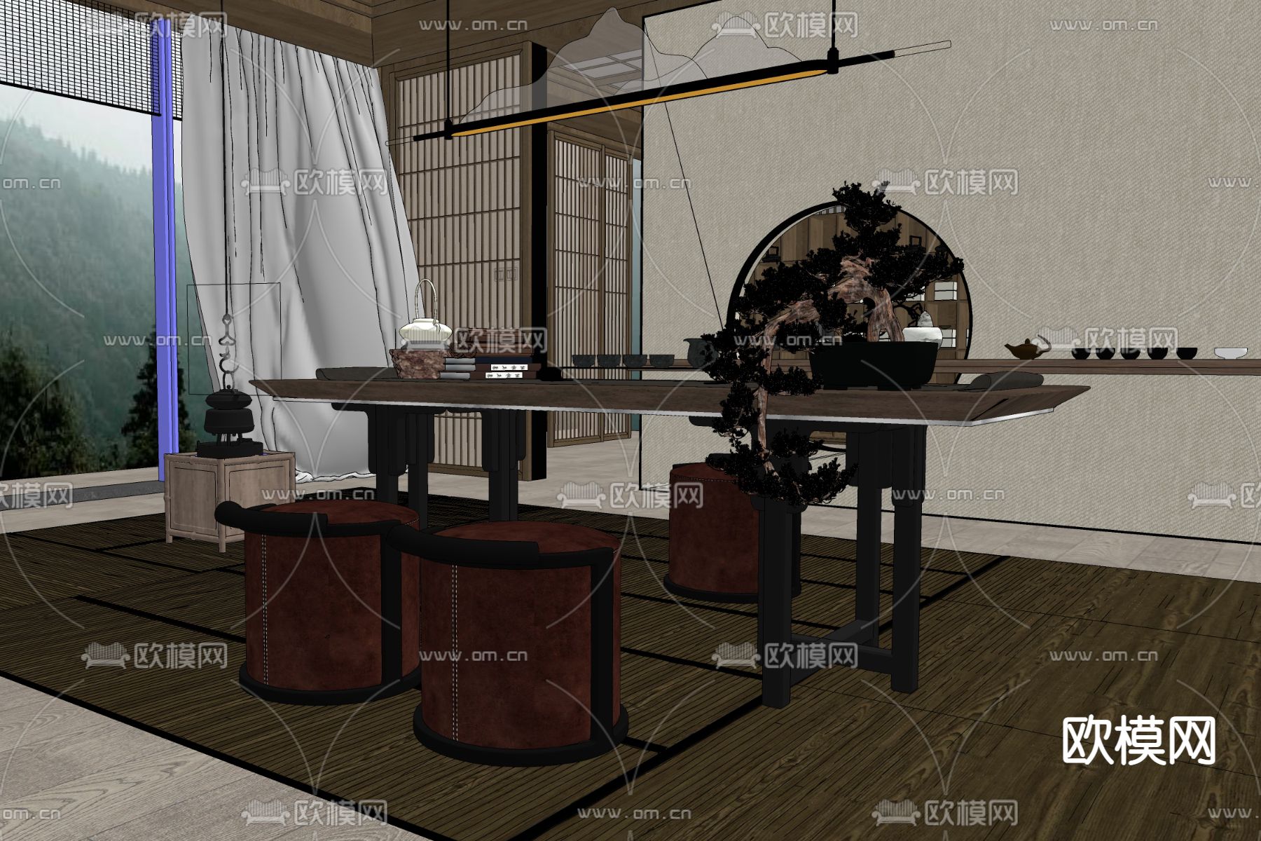 新中式轻奢茶室su模型下载（渲染图2）