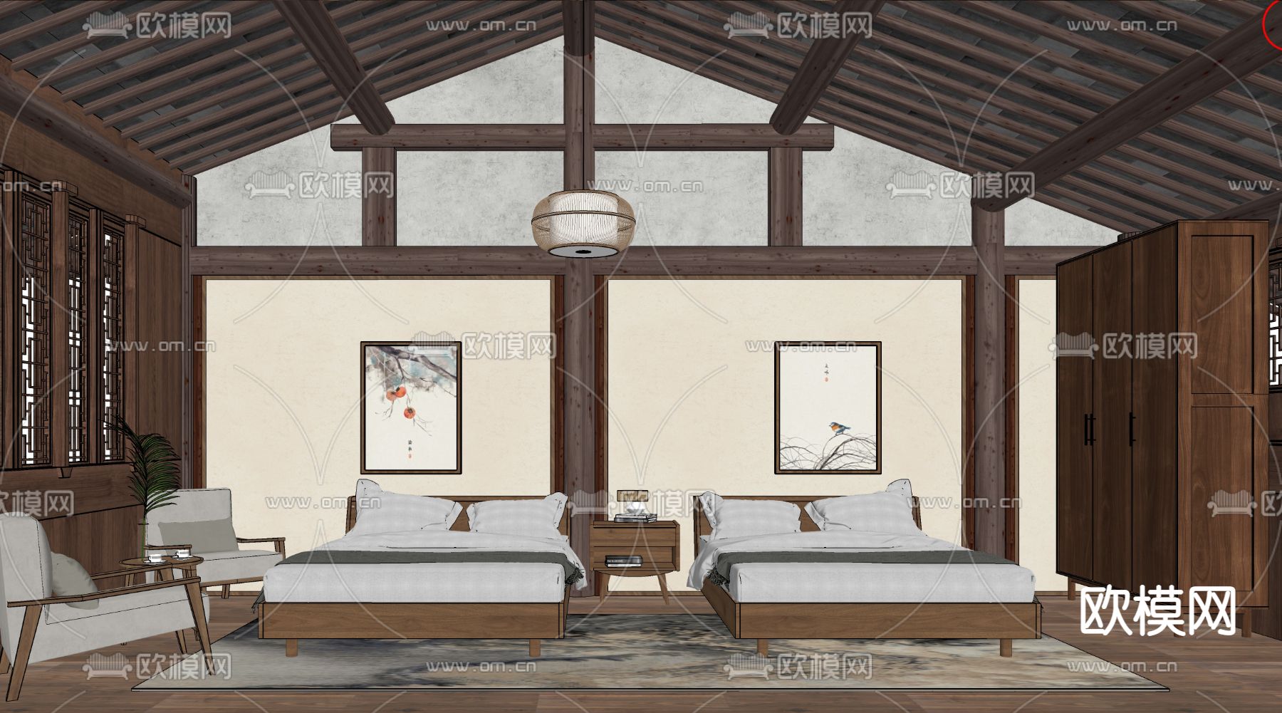 中式酒店客房su模型下载（渲染图2）