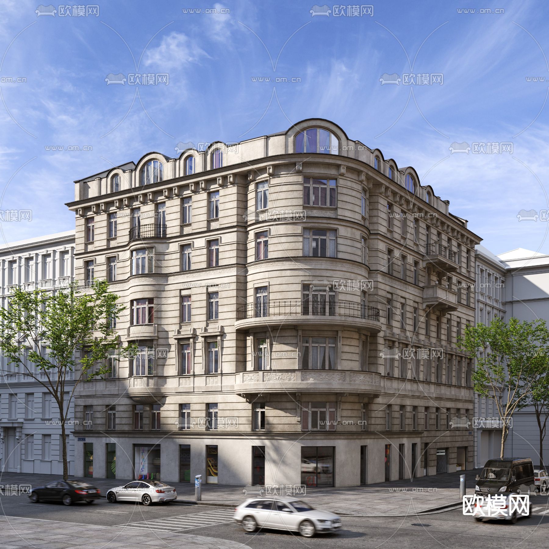 欧式街角办公楼su模型下载（渲染图1）