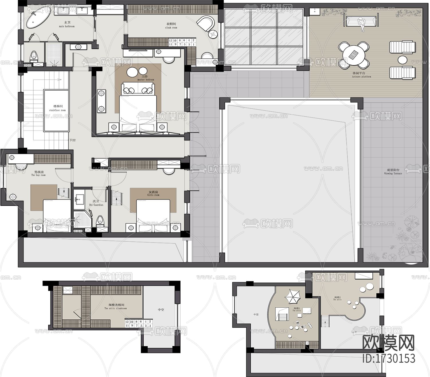 现代别墅cad施工图下载（渲染图2）