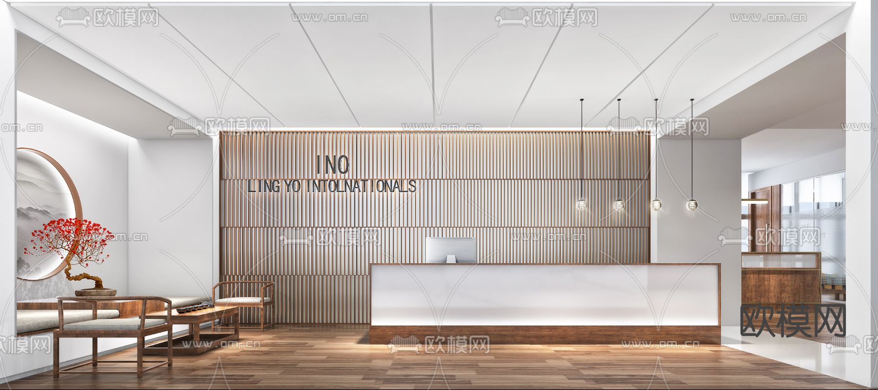 新中式大堂前台su模型下载（渲染图1）