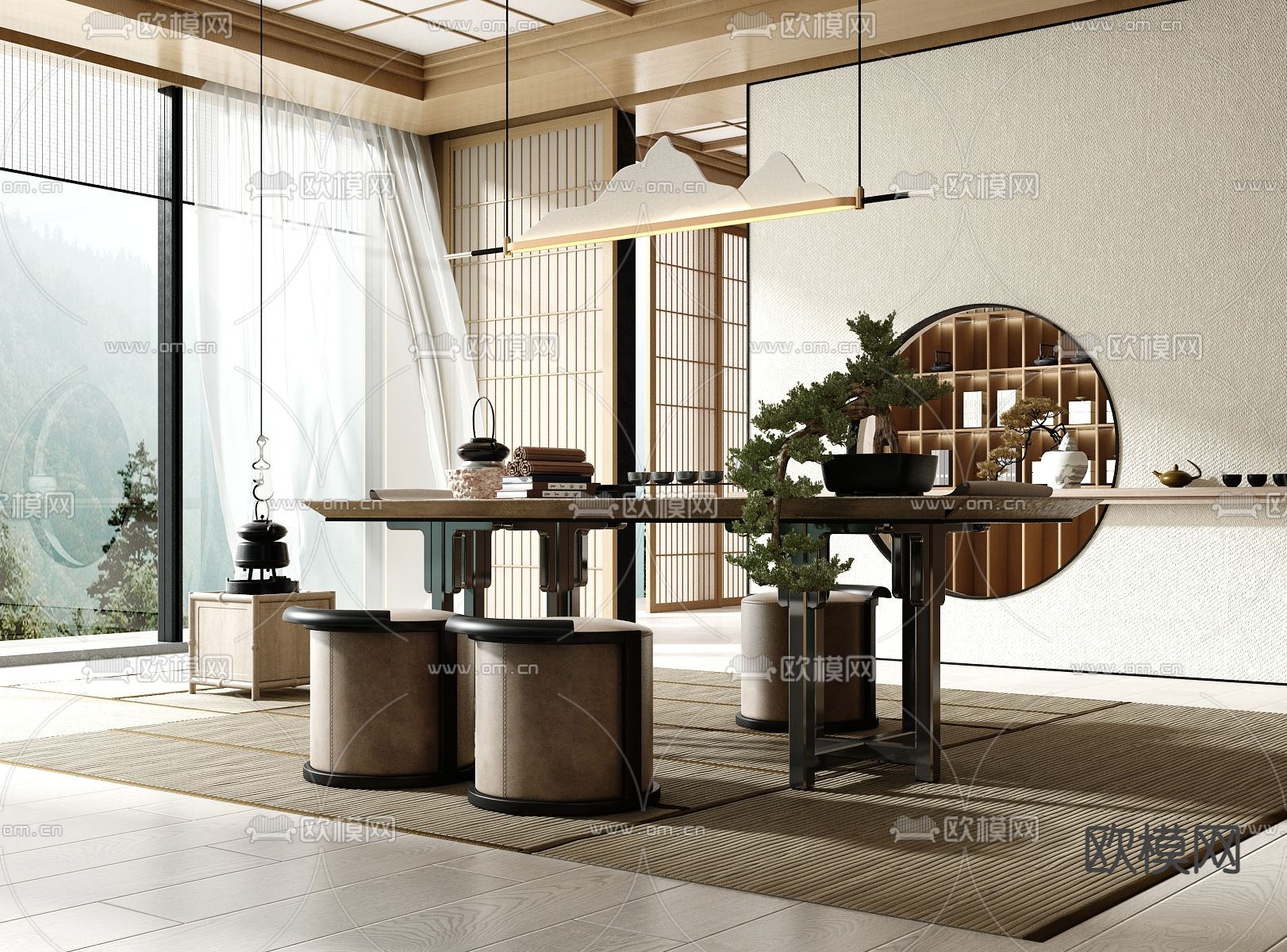 新中式轻奢茶室su模型下载（渲染图1）