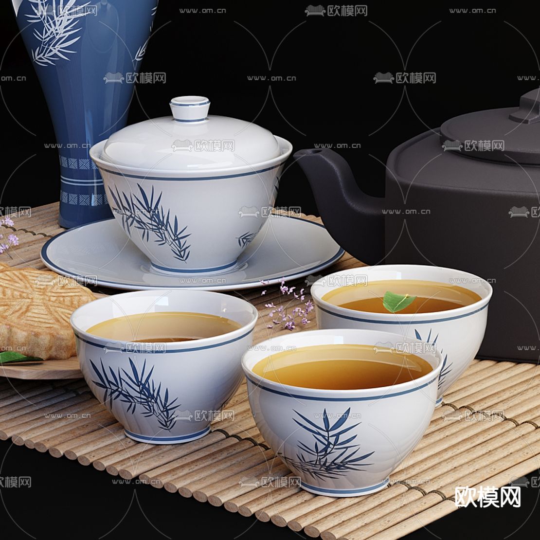 新中式茶杯茶壶月饼花瓶3d模型
