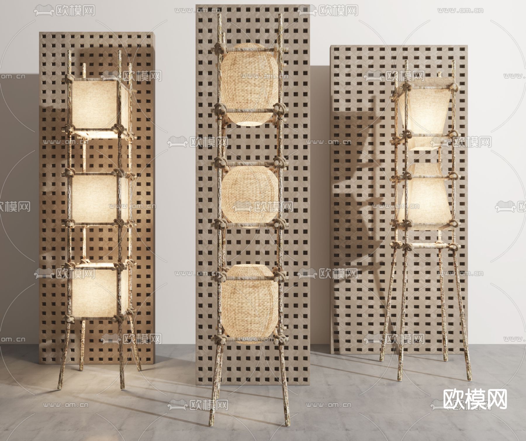 侘寂风纱布落地灯su模型下载（渲染图1）