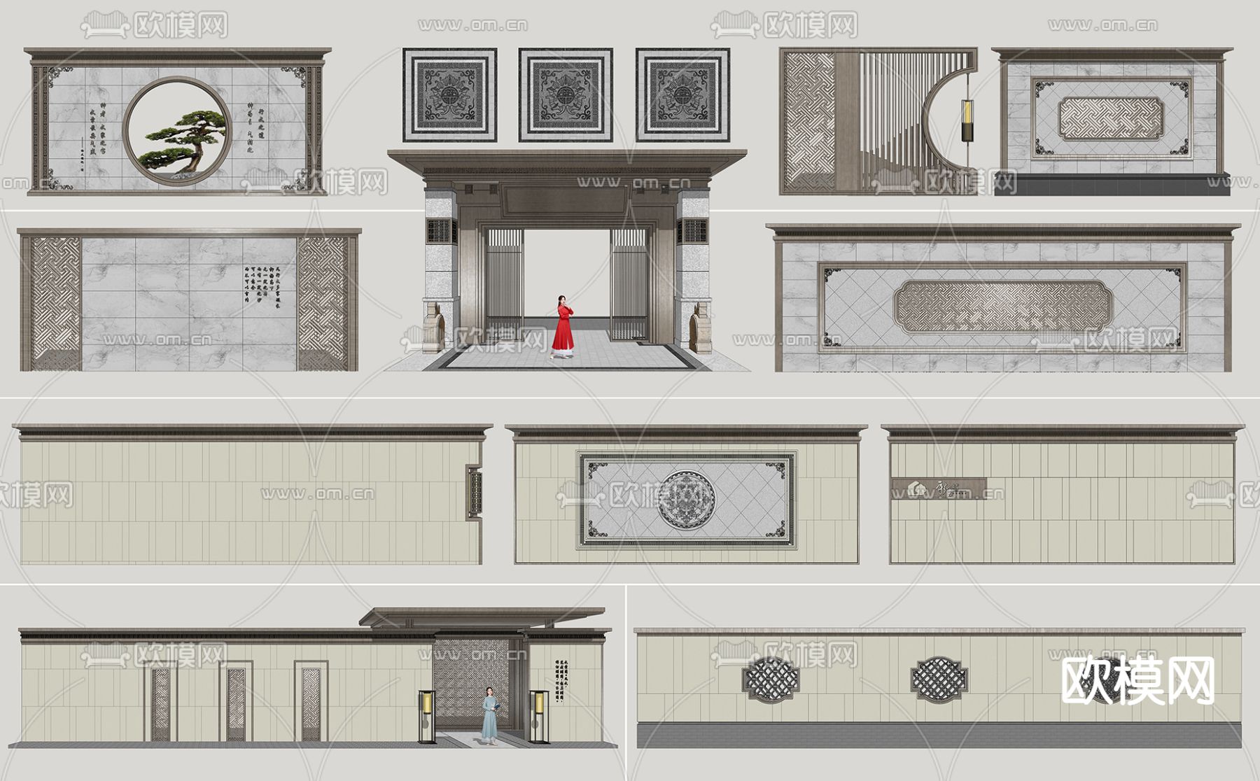 新中式景墙围墙su模型下载