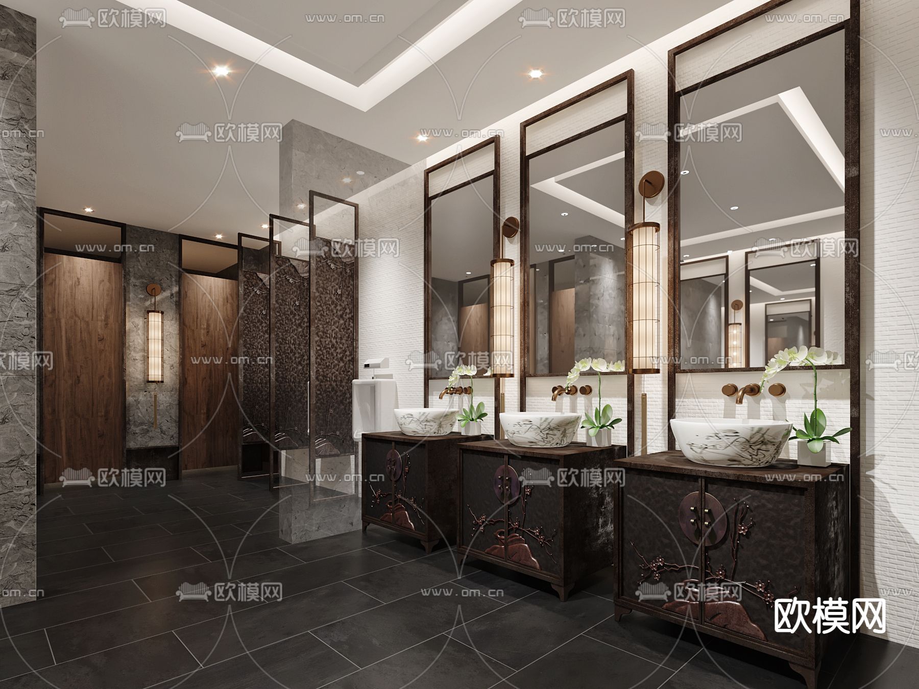 新中式酒店卫生间3d模型下载（渲染图1）