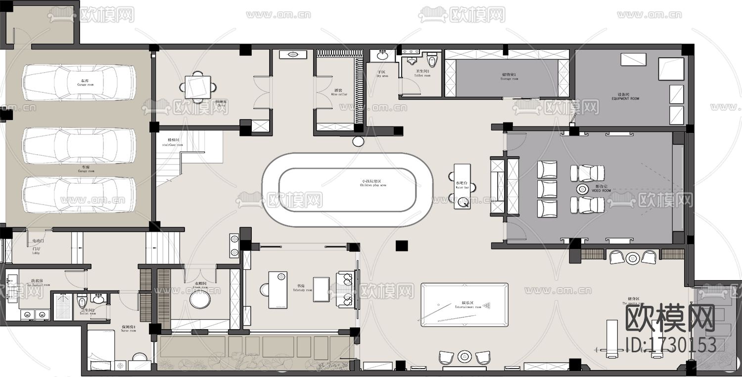 现代别墅cad施工图下载（渲染图1）