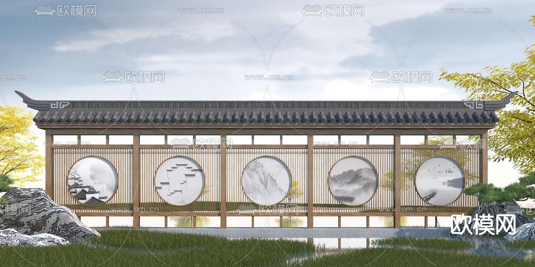 新中式长廊景观小品3d模型下载